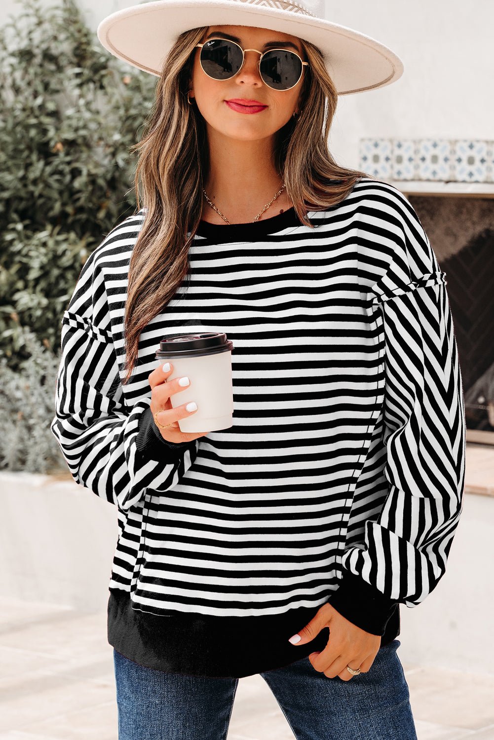 Black Stripe Exposed Seam Drop Shoulder Casual Pullover Top - MAD RUFFI