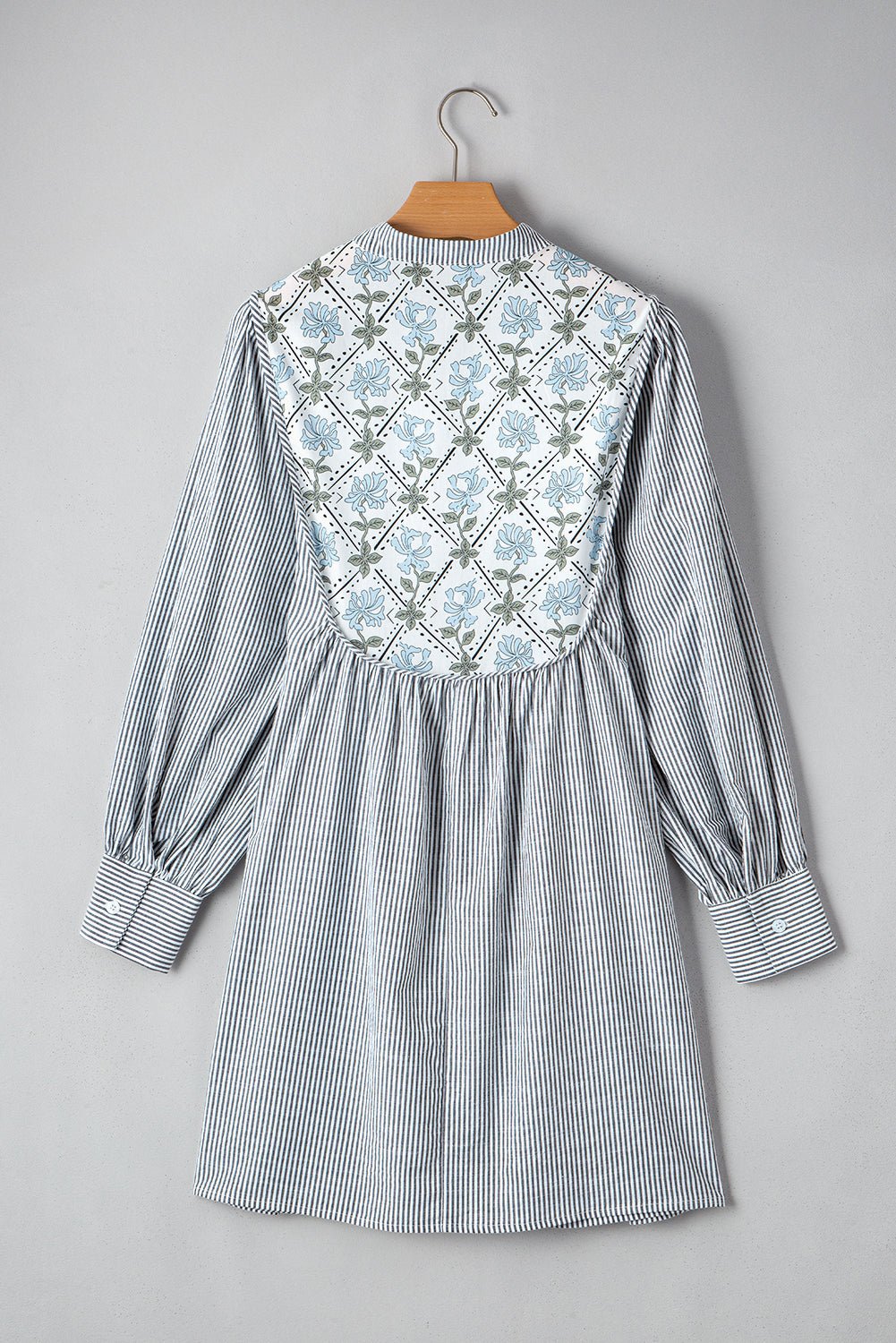 Black Stripe Floral Patchwork Long Sleeve Tie V Neck Mini Dress - MAD RUFFI