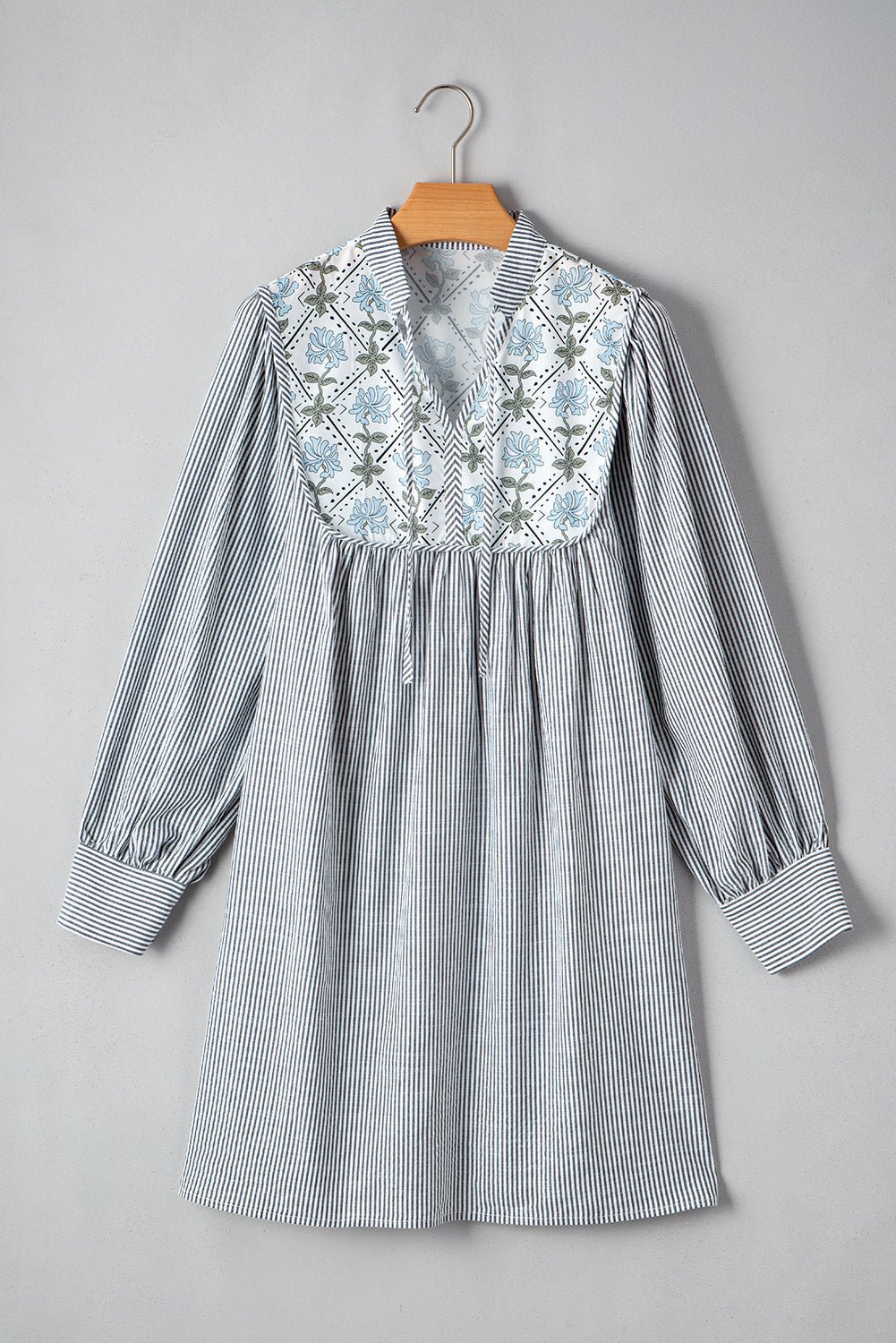 Black Stripe Floral Patchwork Long Sleeve Tie V Neck Mini Dress - MAD RUFFI