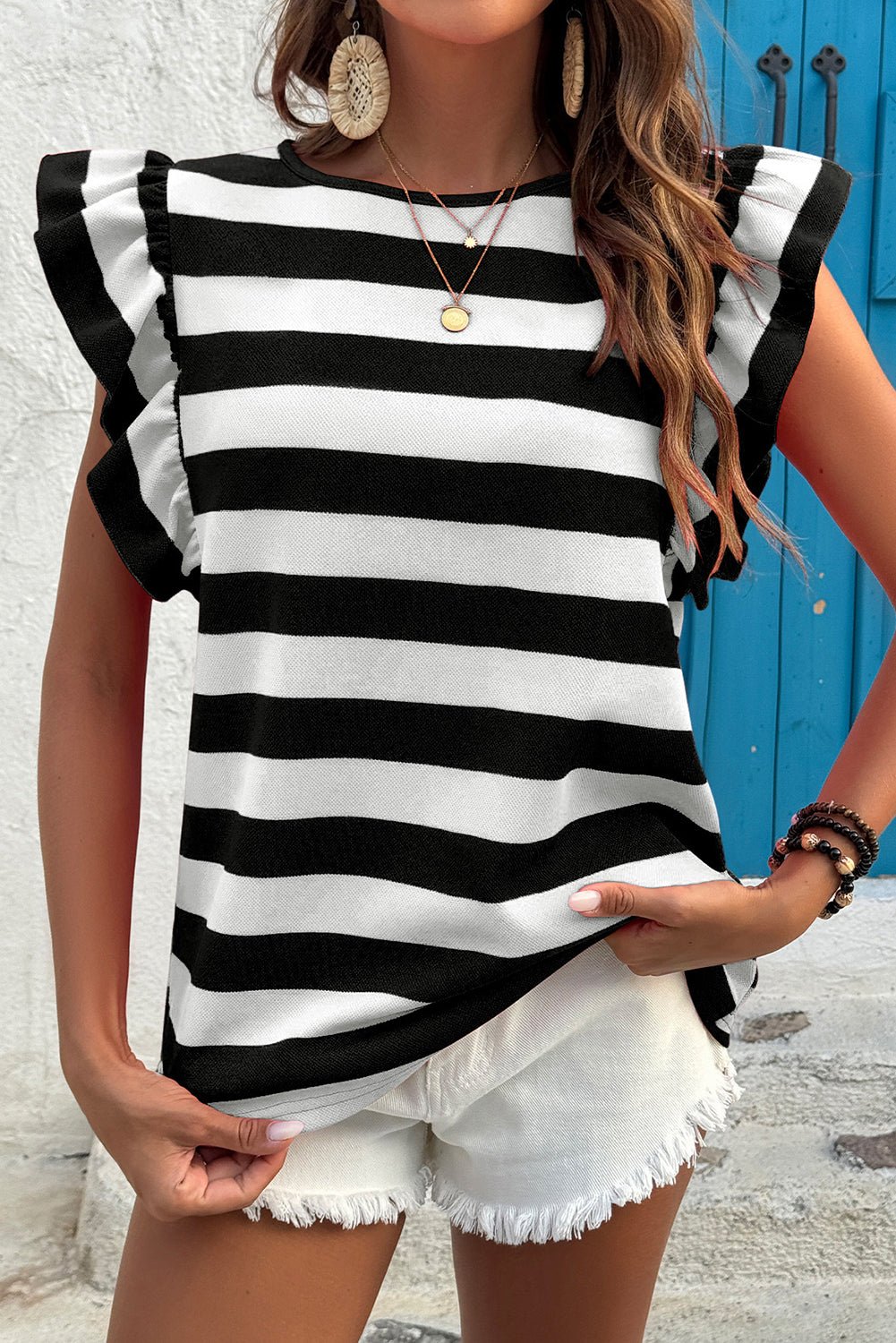 Black Stripe Flutter Sleeve Round Neck T Shirt - MAD RUFFI