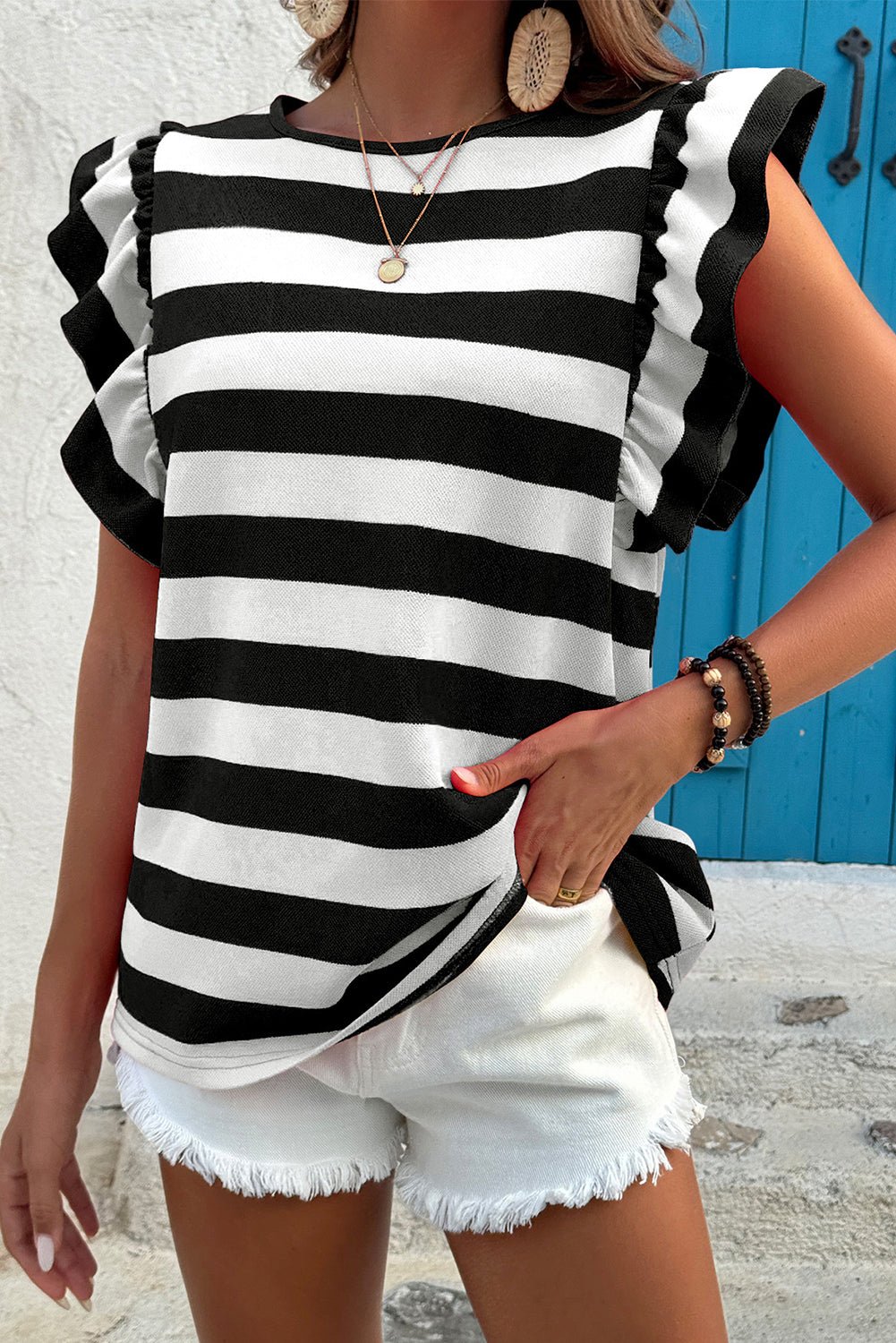 Black Stripe Flutter Sleeve Round Neck T Shirt - MAD RUFFI