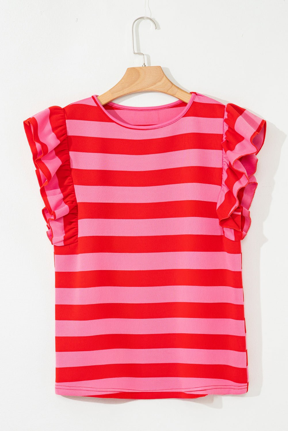 Black Stripe Flutter Sleeve Round Neck T Shirt - MAD RUFFI