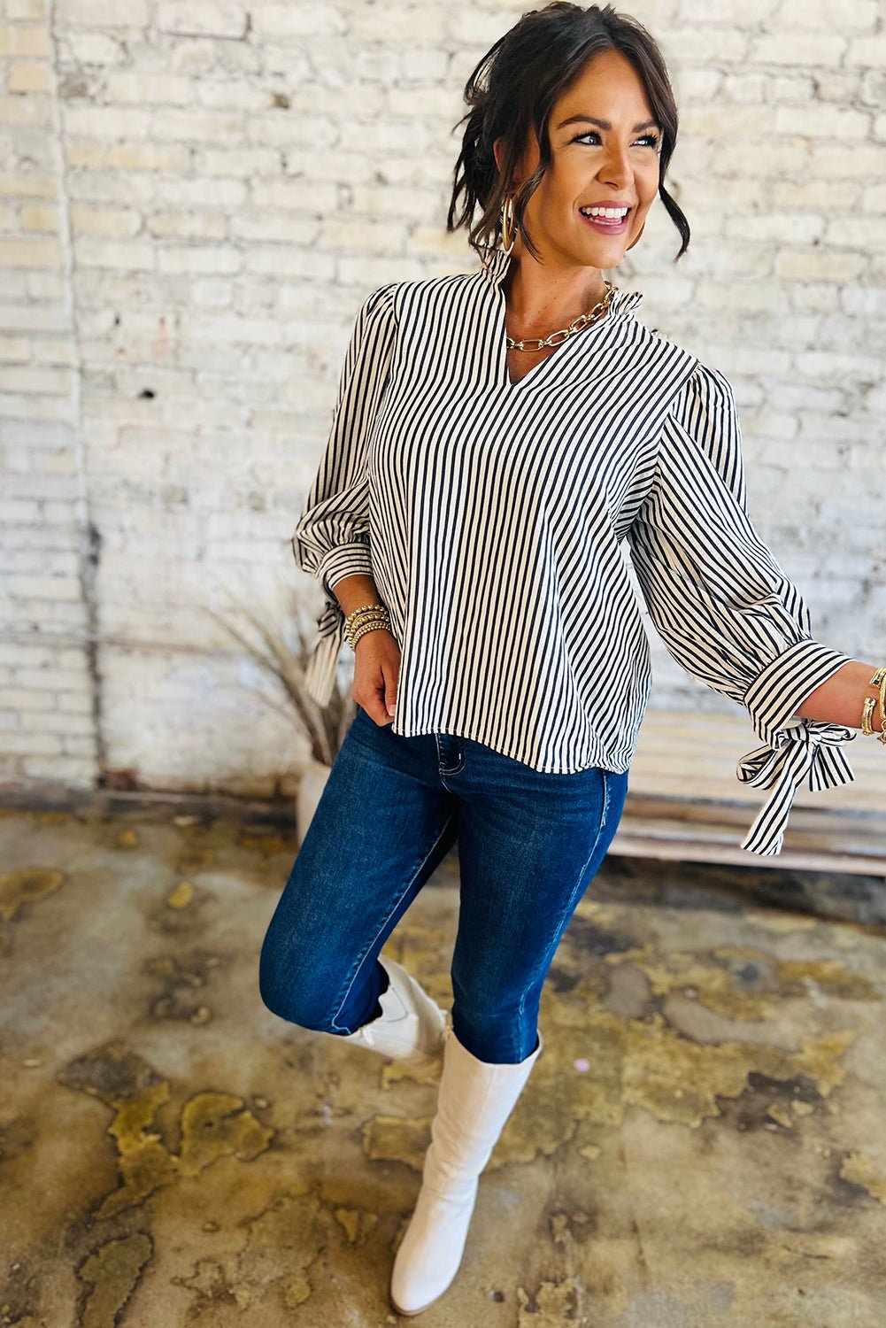 Black Stripe Frill V Neck Knot Cuffs Blouse - MAD RUFFI