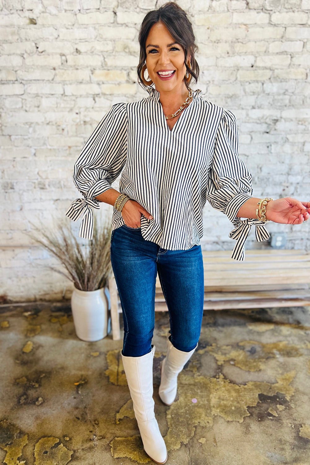 Black Stripe Frill V Neck Knot Cuffs Blouse - MAD RUFFI