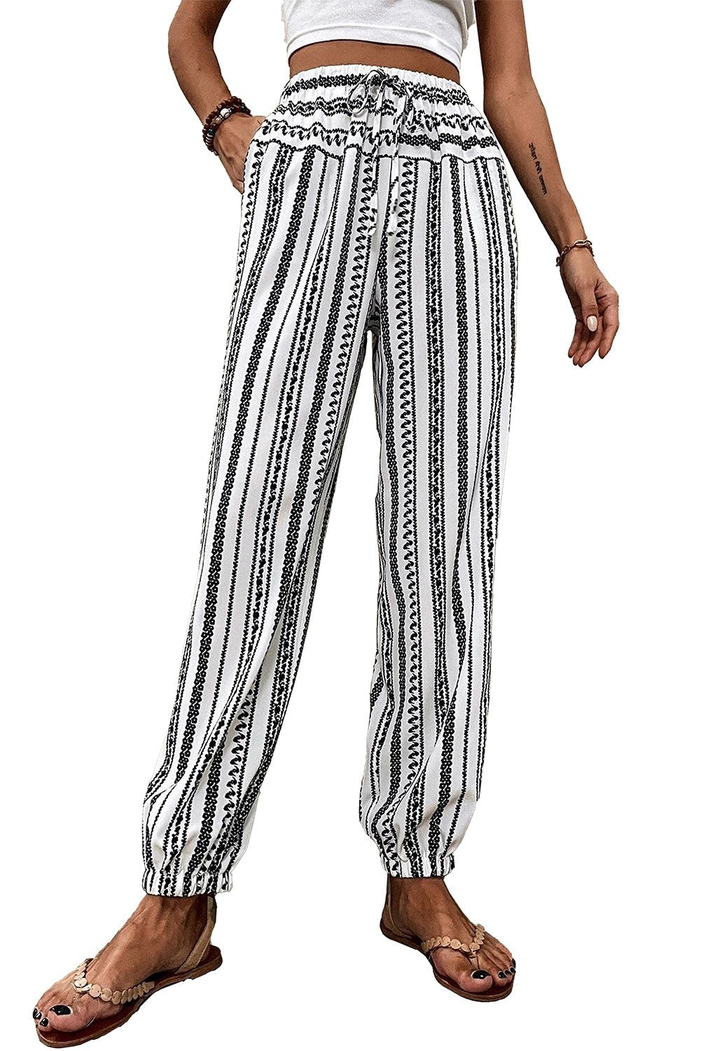 black stripe geometric print drawstring cuff pants - MAD RUFFI