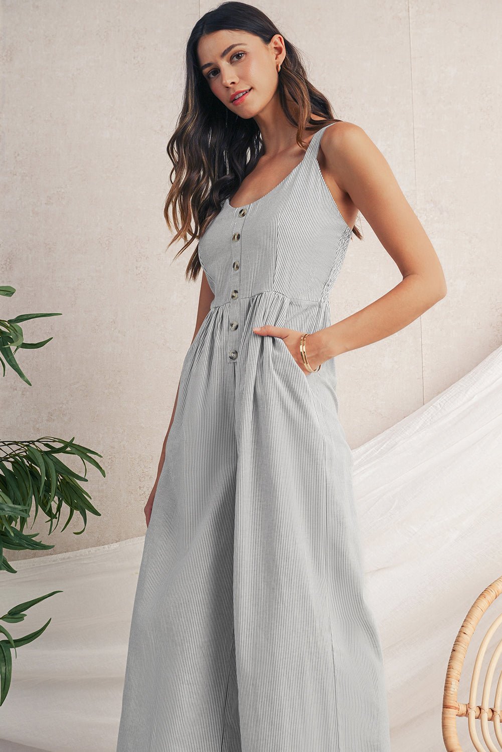 Black Stripe Half Buttoned Sleeveless Wide Leg Jumpsuit - MAD RUFFI