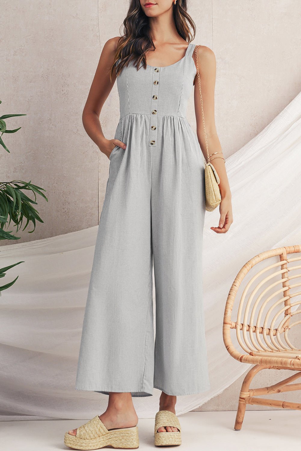 Black Stripe Half Buttoned Sleeveless Wide Leg Jumpsuit - MAD RUFFI