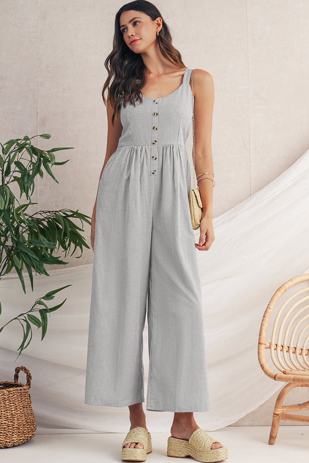 Black Stripe Half Buttoned Sleeveless Wide Leg Jumpsuit - MAD RUFFI