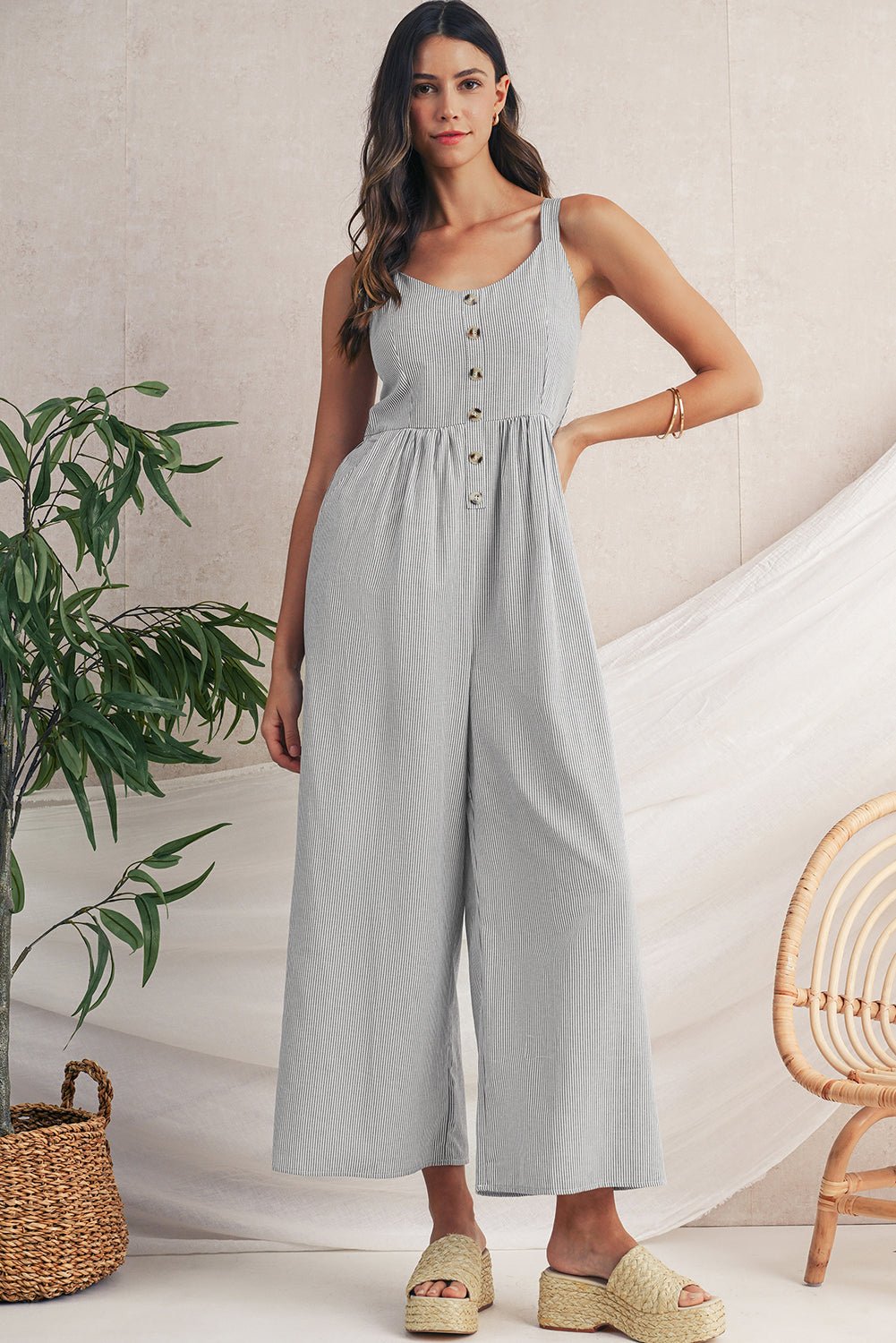 Black Stripe Half Buttoned Sleeveless Wide Leg Jumpsuit - MAD RUFFI