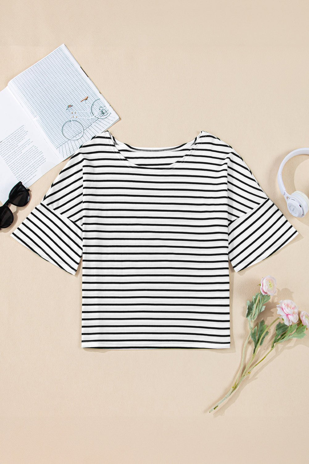 black stripe half sleeve scoop neck loose top - MAD RUFFI