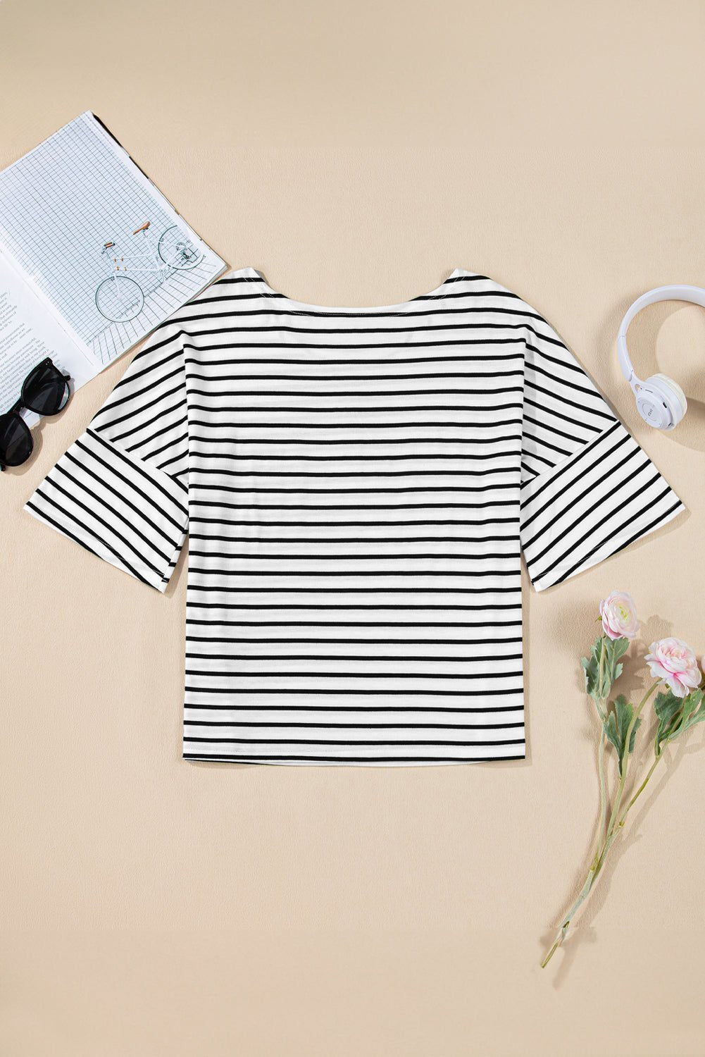 black stripe half sleeve scoop neck loose top - MAD RUFFI