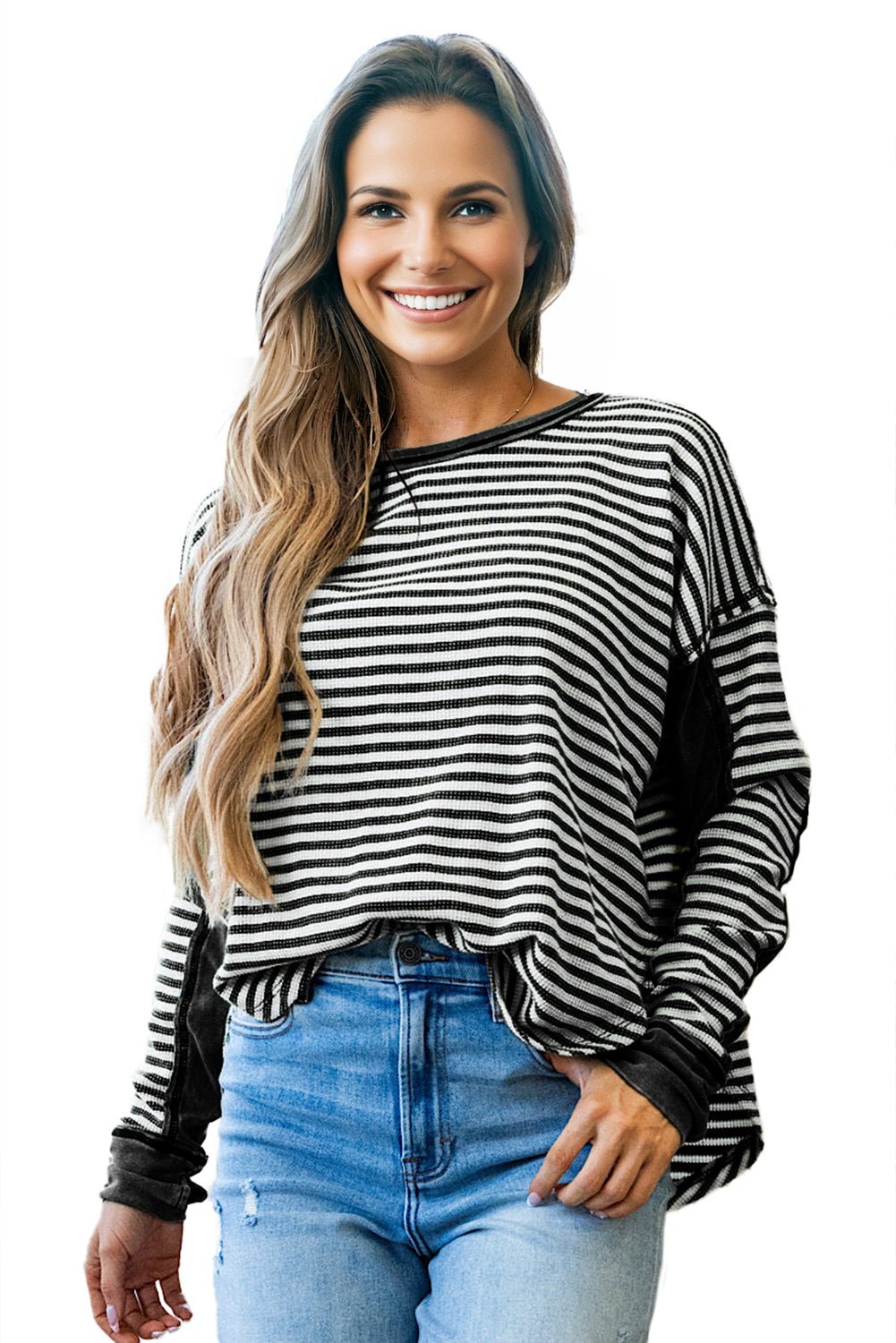 Black Stripe Patchwork Drop Shoulder Round Neck Top - MAD RUFFI