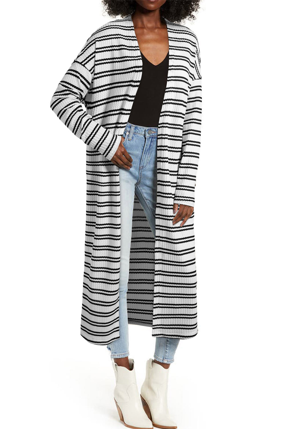 Black Stripe Print Open Front Duster Cardigan - MAD RUFFI