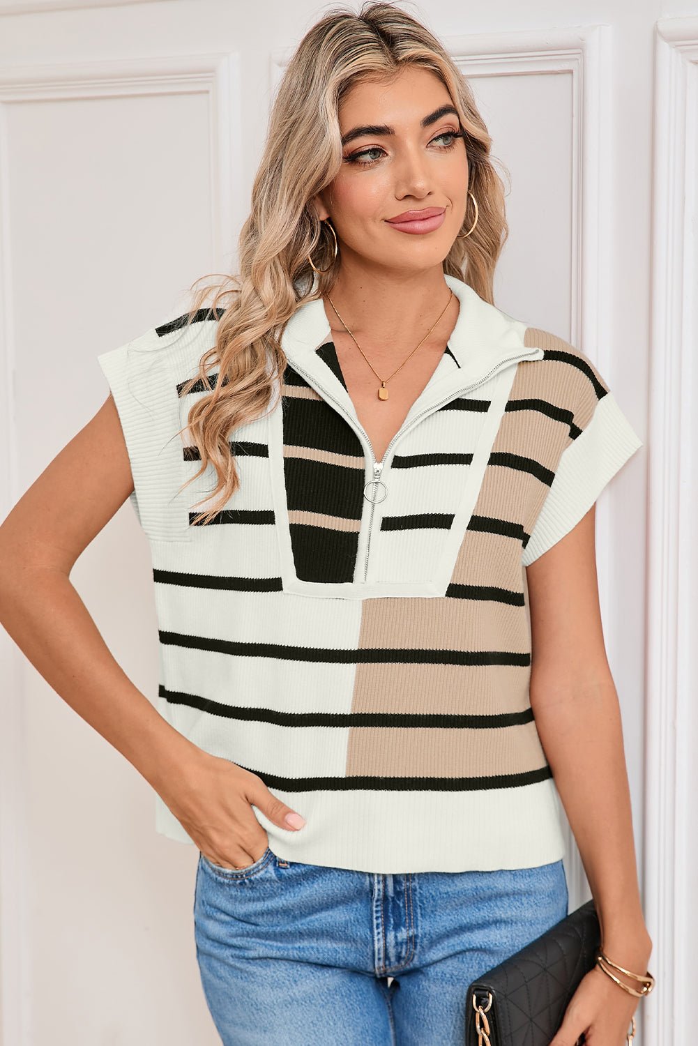 Black Stripe Quarter Zip Collar Knit Vest - MAD RUFFI