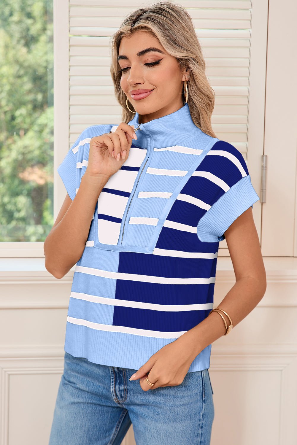 Black Stripe Quarter Zip Collar Knit Vest - MAD RUFFI