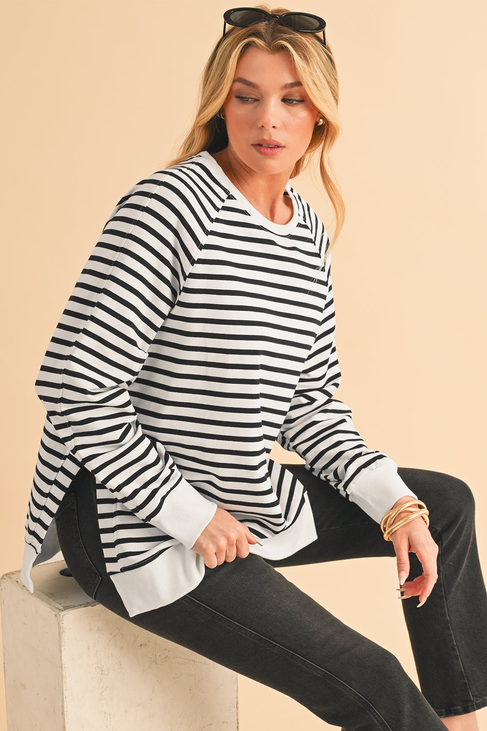 Black Stripe Raglan Sleeve Loose Split Sweatshirt - MAD RUFFI