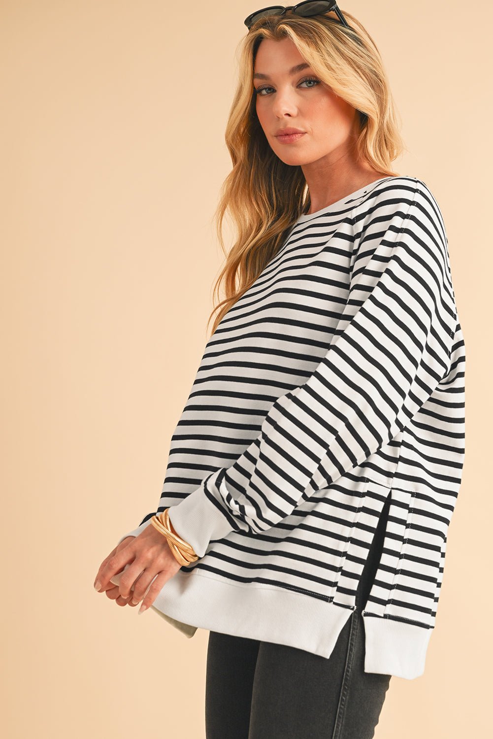 Black Stripe Raglan Sleeve Loose Split Sweatshirt - MAD RUFFI