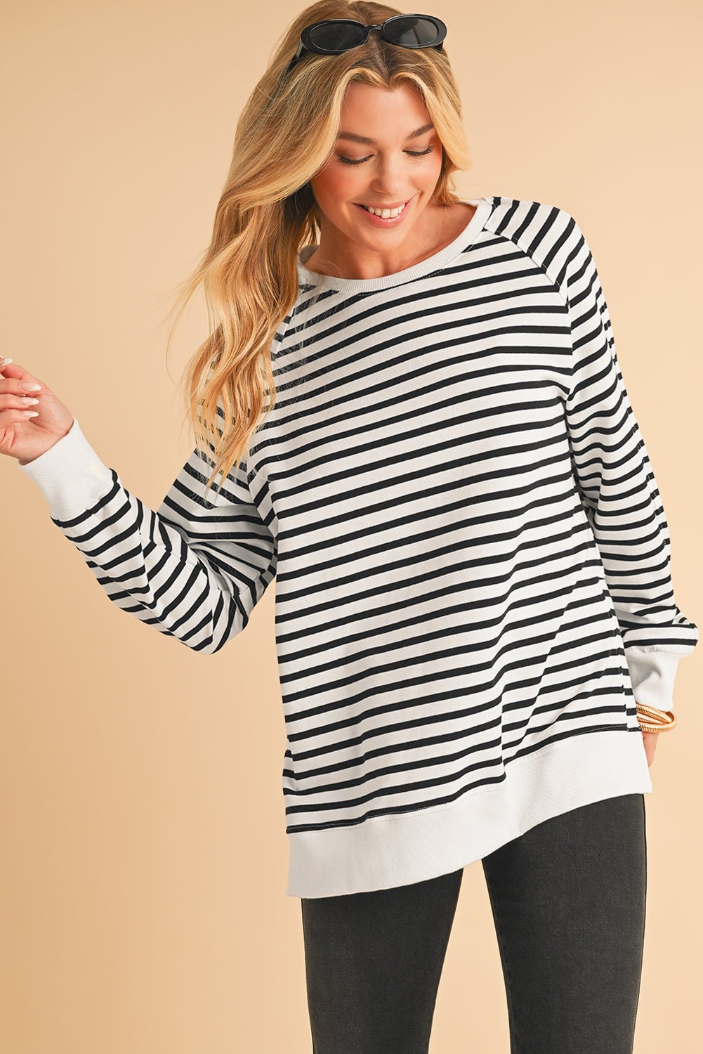 Black Stripe Raglan Sleeve Loose Split Sweatshirt - MAD RUFFI