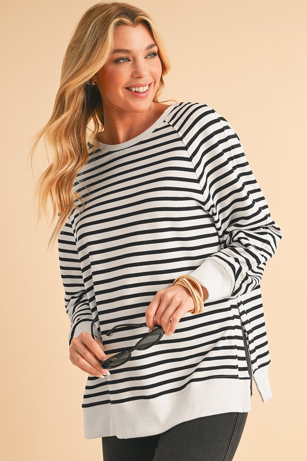 Black Stripe Raglan Sleeve Loose Split Sweatshirt - MAD RUFFI