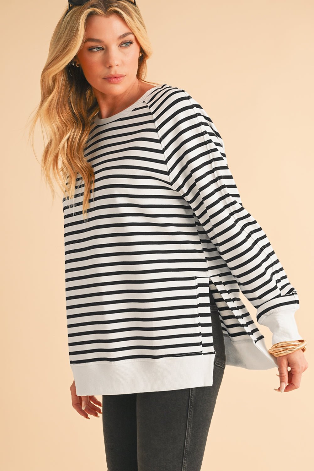 Black Stripe Raglan Sleeve Loose Split Sweatshirt - MAD RUFFI