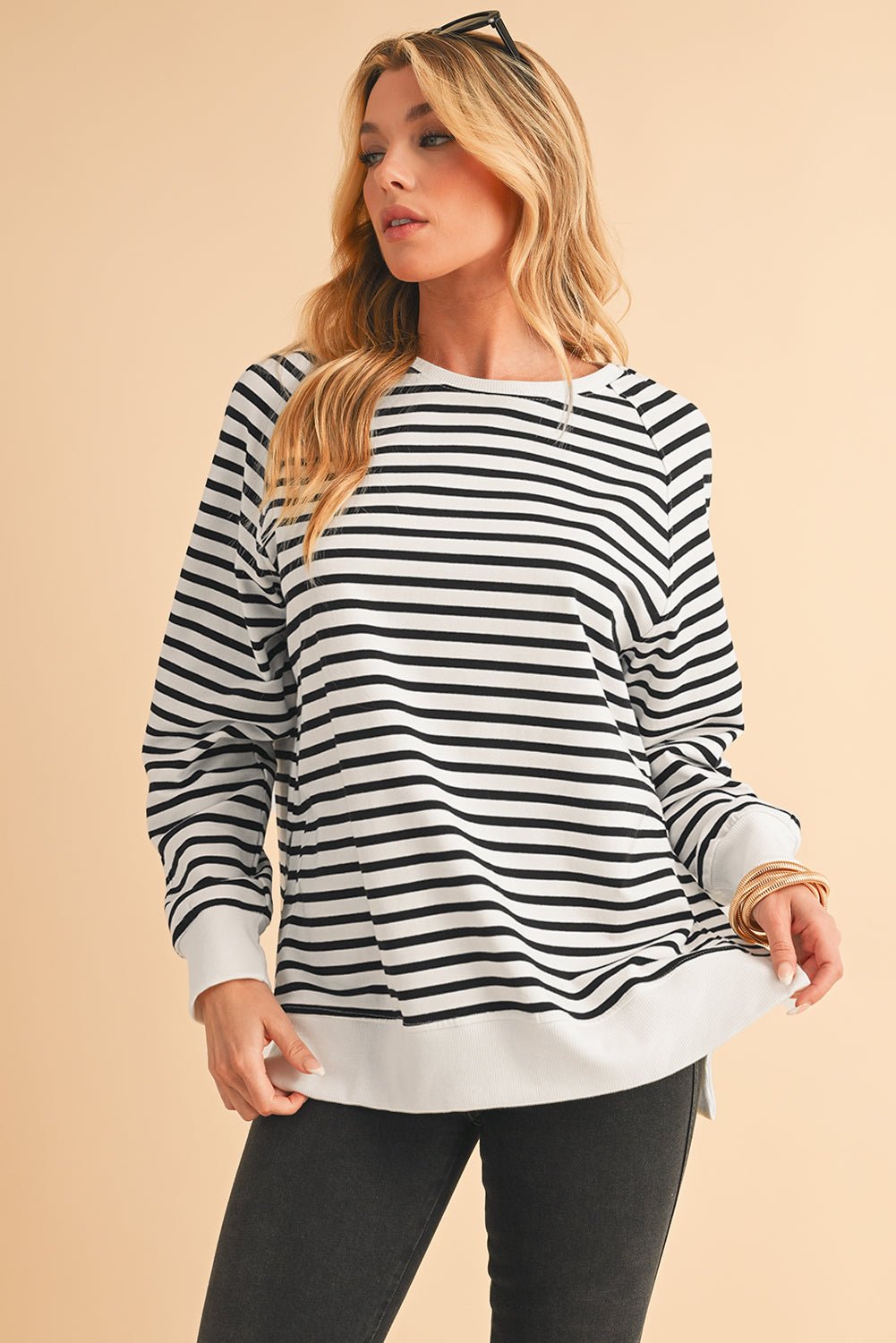 Black Stripe Raglan Sleeve Loose Split Sweatshirt - MAD RUFFI