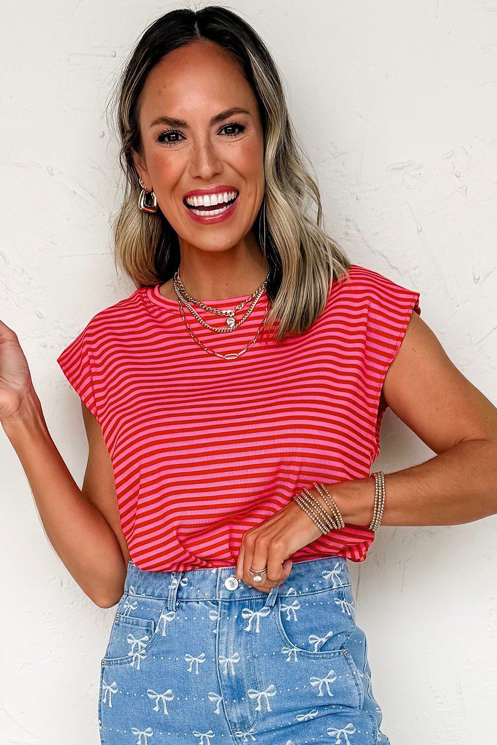 Black Stripe Ribbed Cap Sleeve Round Neck T Shirt - MAD RUFFI