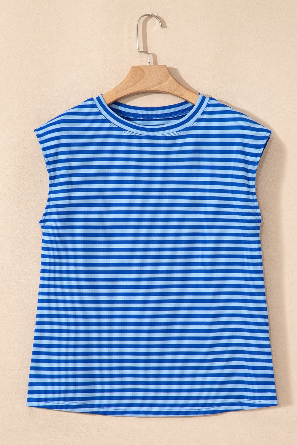 Black Stripe Ribbed Cap Sleeve Round Neck T Shirt - MAD RUFFI