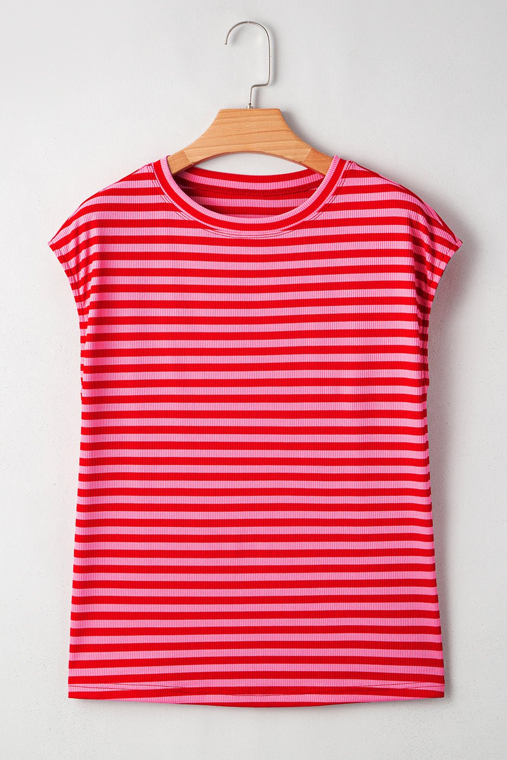 Black Stripe Ribbed Cap Sleeve Round Neck T Shirt - MAD RUFFI