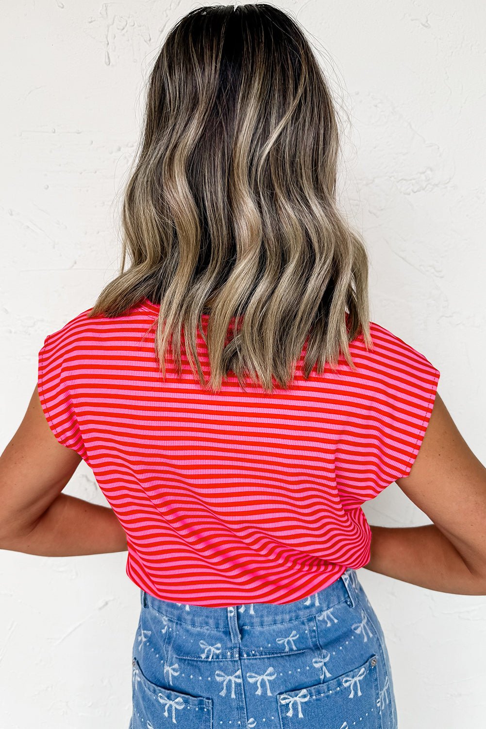 Black Stripe Ribbed Cap Sleeve Round Neck T Shirt - MAD RUFFI