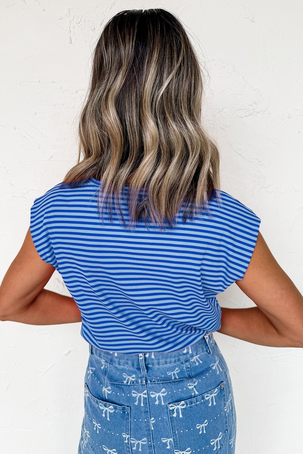 Black Stripe Ribbed Cap Sleeve Round Neck T Shirt - MAD RUFFI