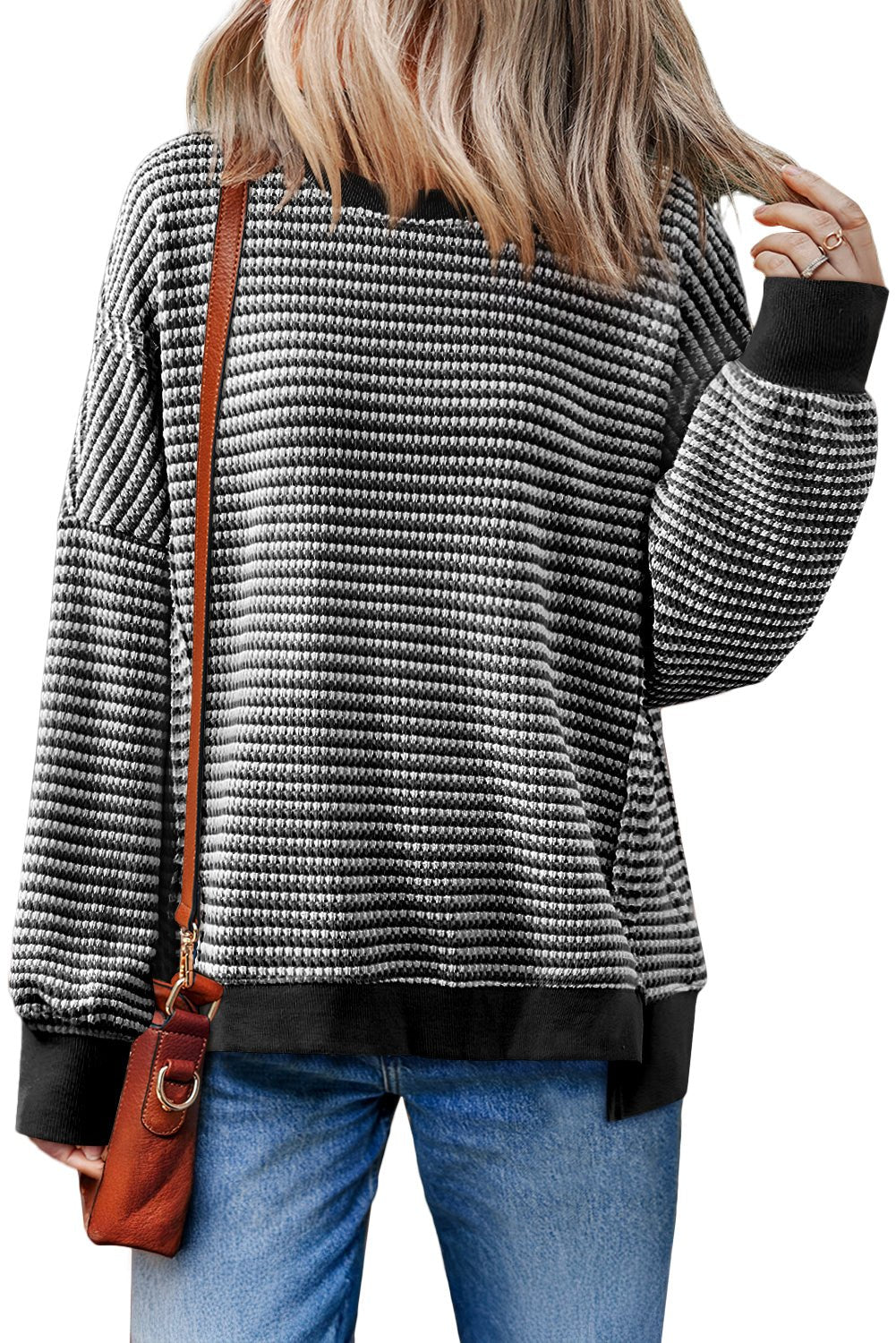 Black Stripe Ribbed Trim Drop Shoulder Long Sleeve Oversized Top - MAD RUFFI