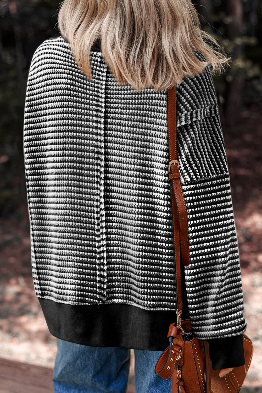 Black Stripe Ribbed Trim Drop Shoulder Long Sleeve Oversized Top - MAD RUFFI