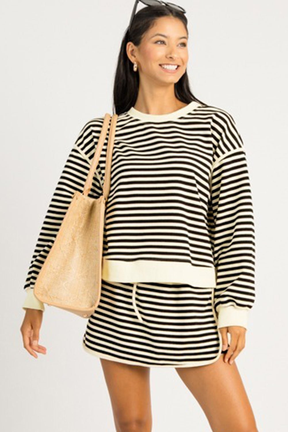 Black Stripe Textured Drop Shoulder Pullover Top Drawstring Mini Skirt Two Piece Dress Set - MAD RUFFI