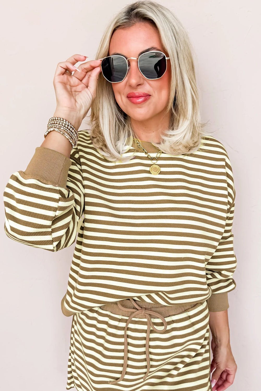 Black Stripe Textured Drop Shoulder Pullover Top Drawstring Mini Skirt Two Piece Dress Set - MAD RUFFI