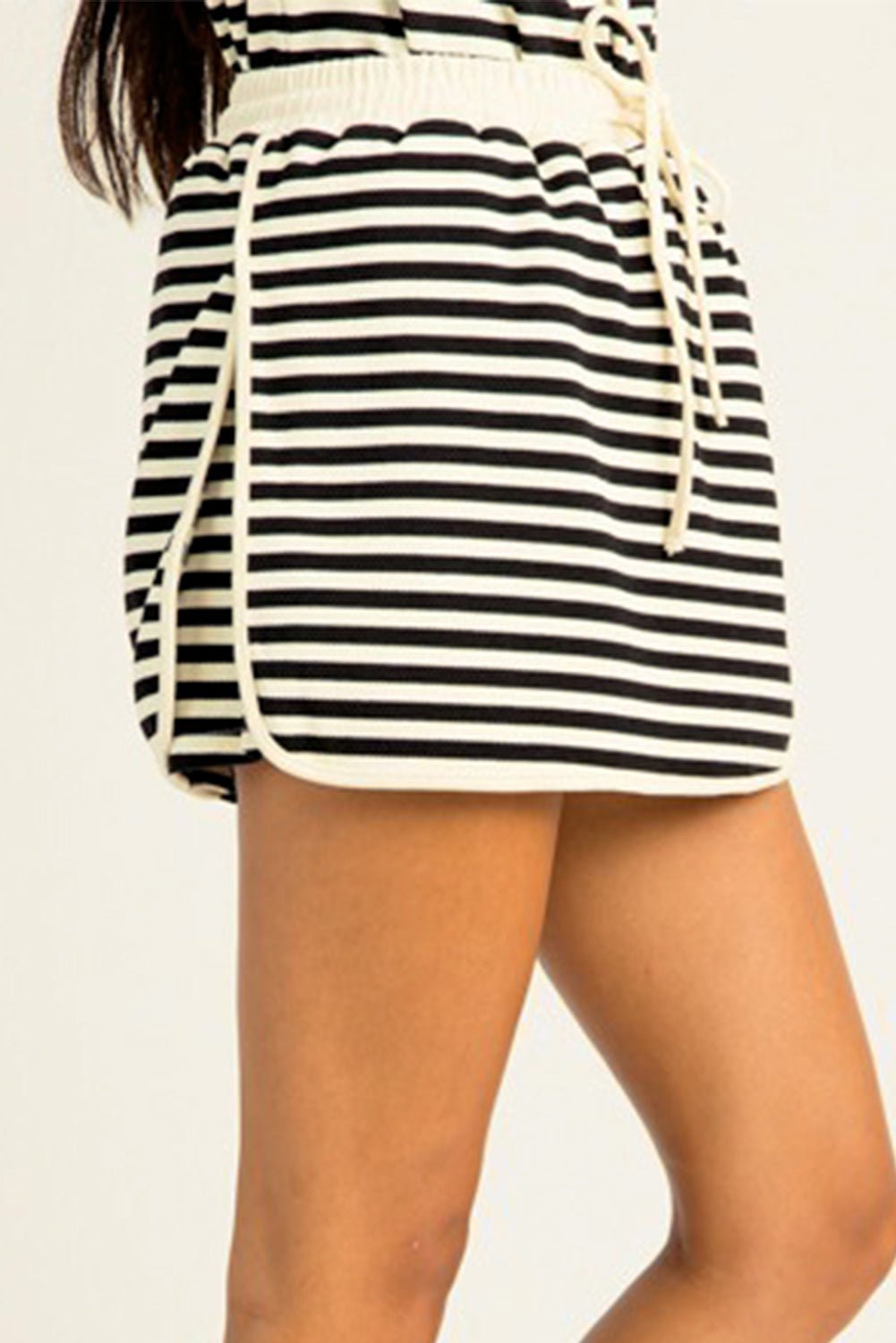 Black Stripe Textured Drop Shoulder Pullover Top Drawstring Mini Skirt Two Piece Dress Set - MAD RUFFI