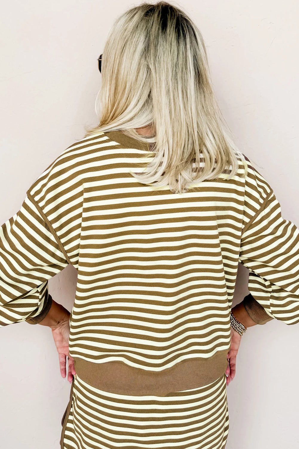 Black Stripe Textured Drop Shoulder Pullover Top Drawstring Mini Skirt Two Piece Dress Set - MAD RUFFI