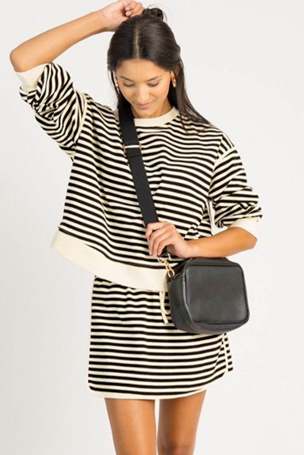 Black Stripe Textured Drop Shoulder Pullover Top Drawstring Mini Skirt Two Piece Dress Set - MAD RUFFI