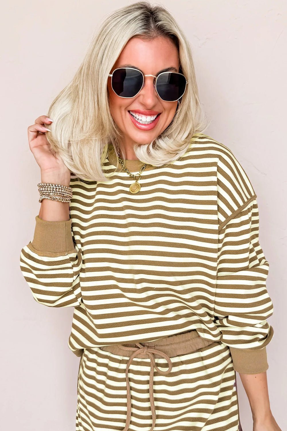 Black Stripe Textured Drop Shoulder Pullover Top Drawstring Mini Skirt Two Piece Dress Set - MAD RUFFI