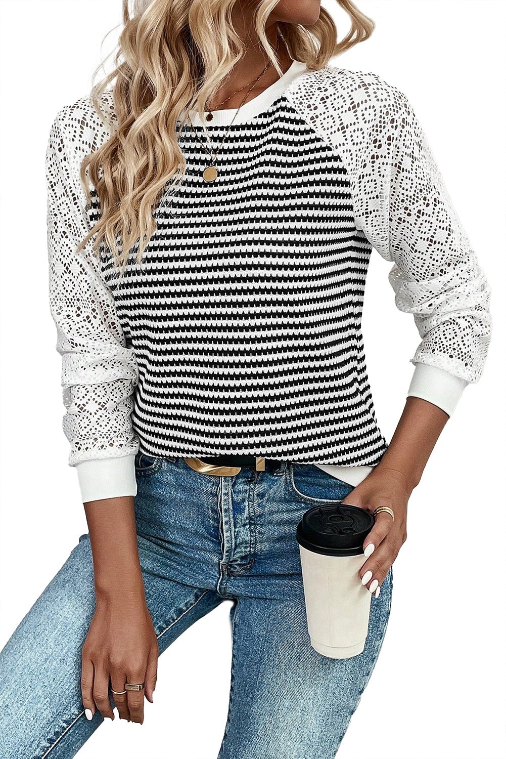 Black Stripe Textured Knit Patchwork Hollowed Lace Sleeve Top - MAD RUFFI
