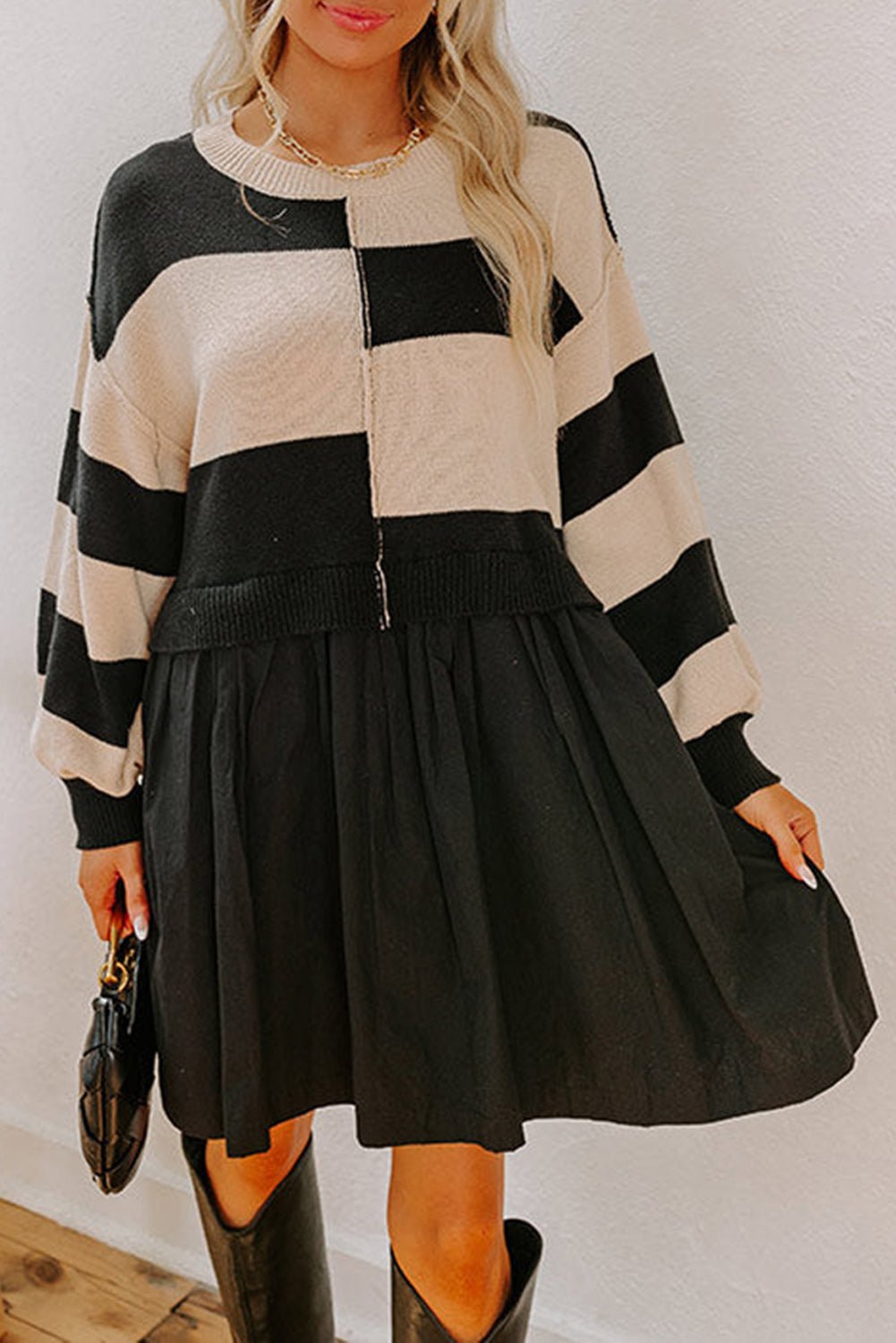 Black Stripe Two in One Knitted Top High Waist Splicing Hem Sweater Dress - MAD RUFFI