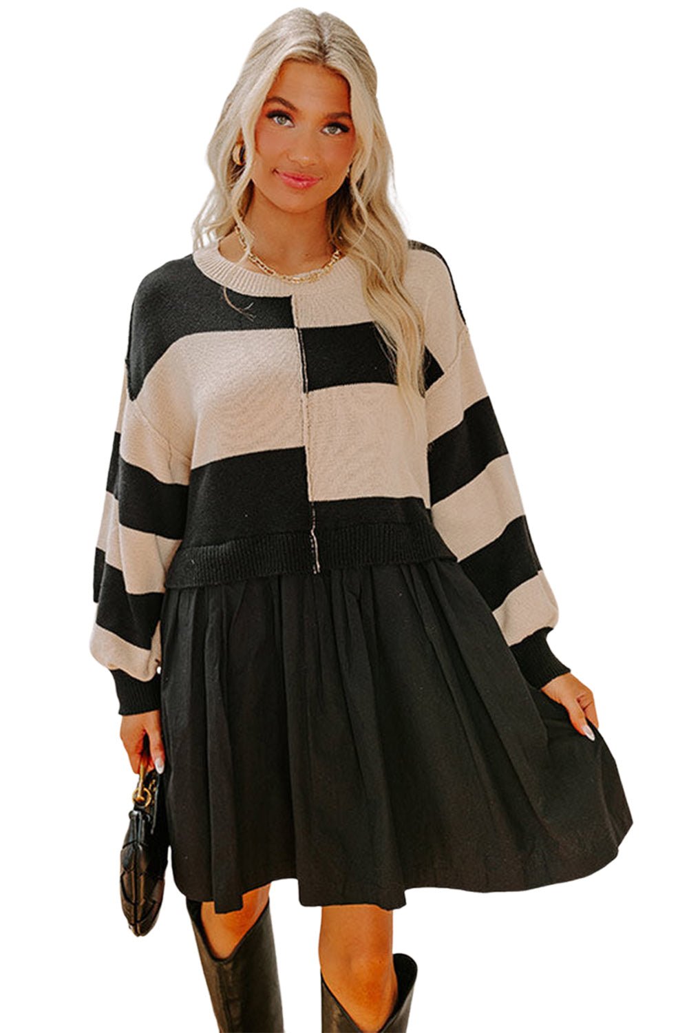 Black Stripe Two in One Knitted Top High Waist Splicing Hem Sweater Dress - MAD RUFFI