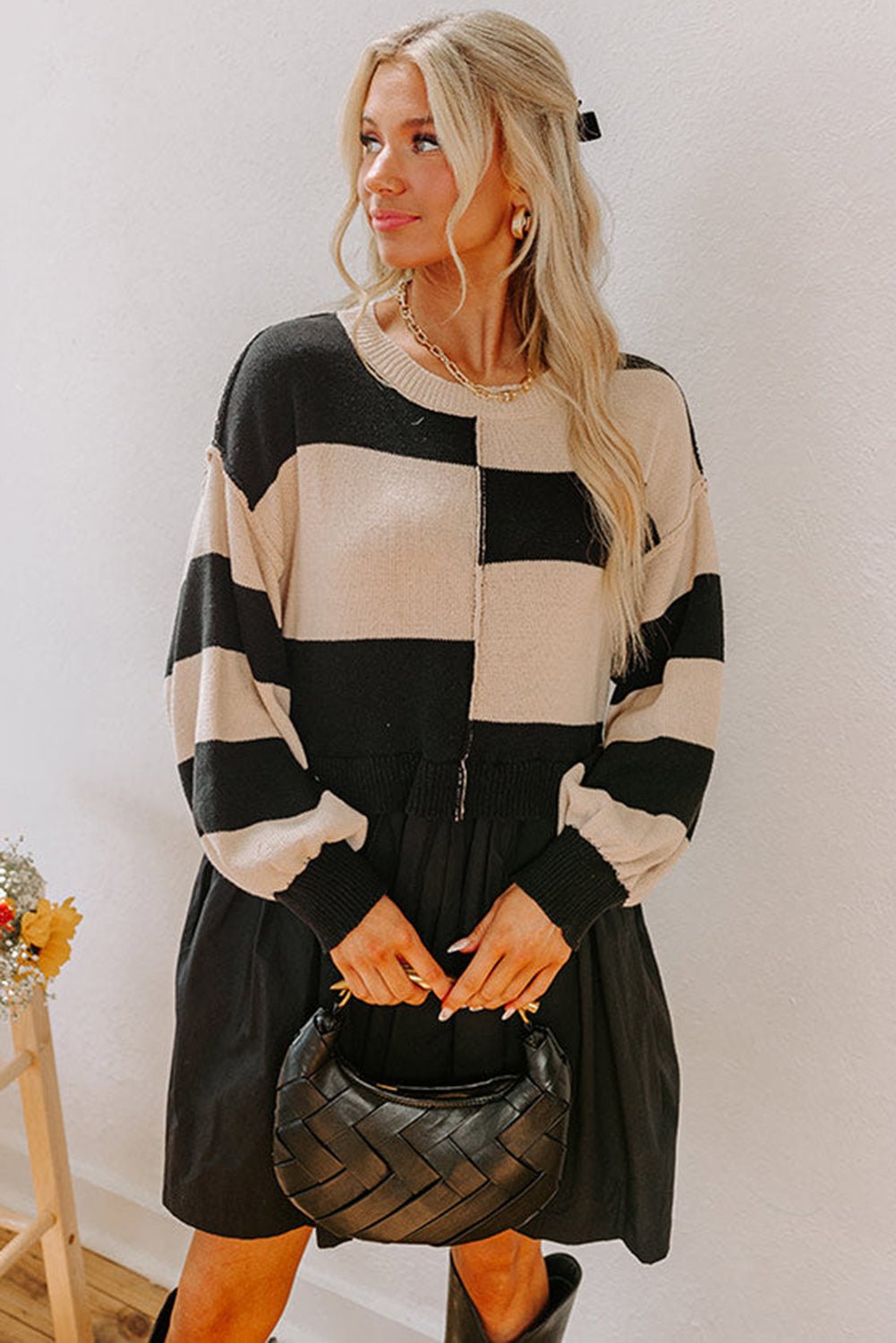Black Stripe Two in One Knitted Top High Waist Splicing Hem Sweater Dress - MAD RUFFI