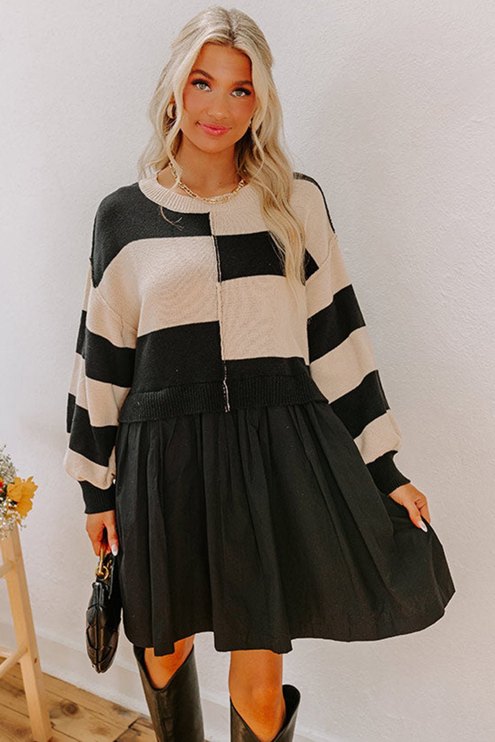 Black Stripe Two in One Knitted Top High Waist Splicing Hem Sweater Dress - MAD RUFFI