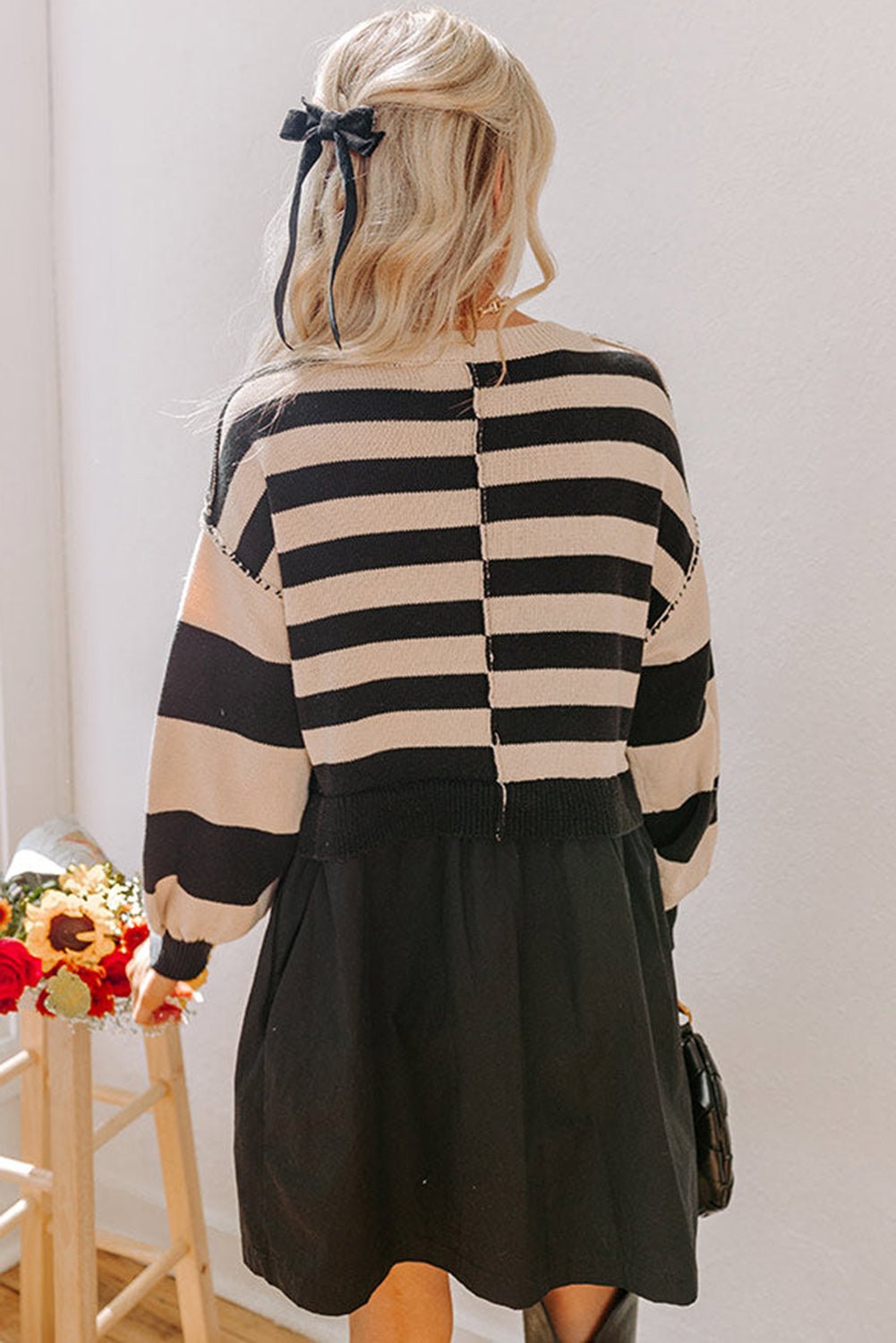 Black Stripe Two in One Knitted Top High Waist Splicing Hem Sweater Dress - MAD RUFFI