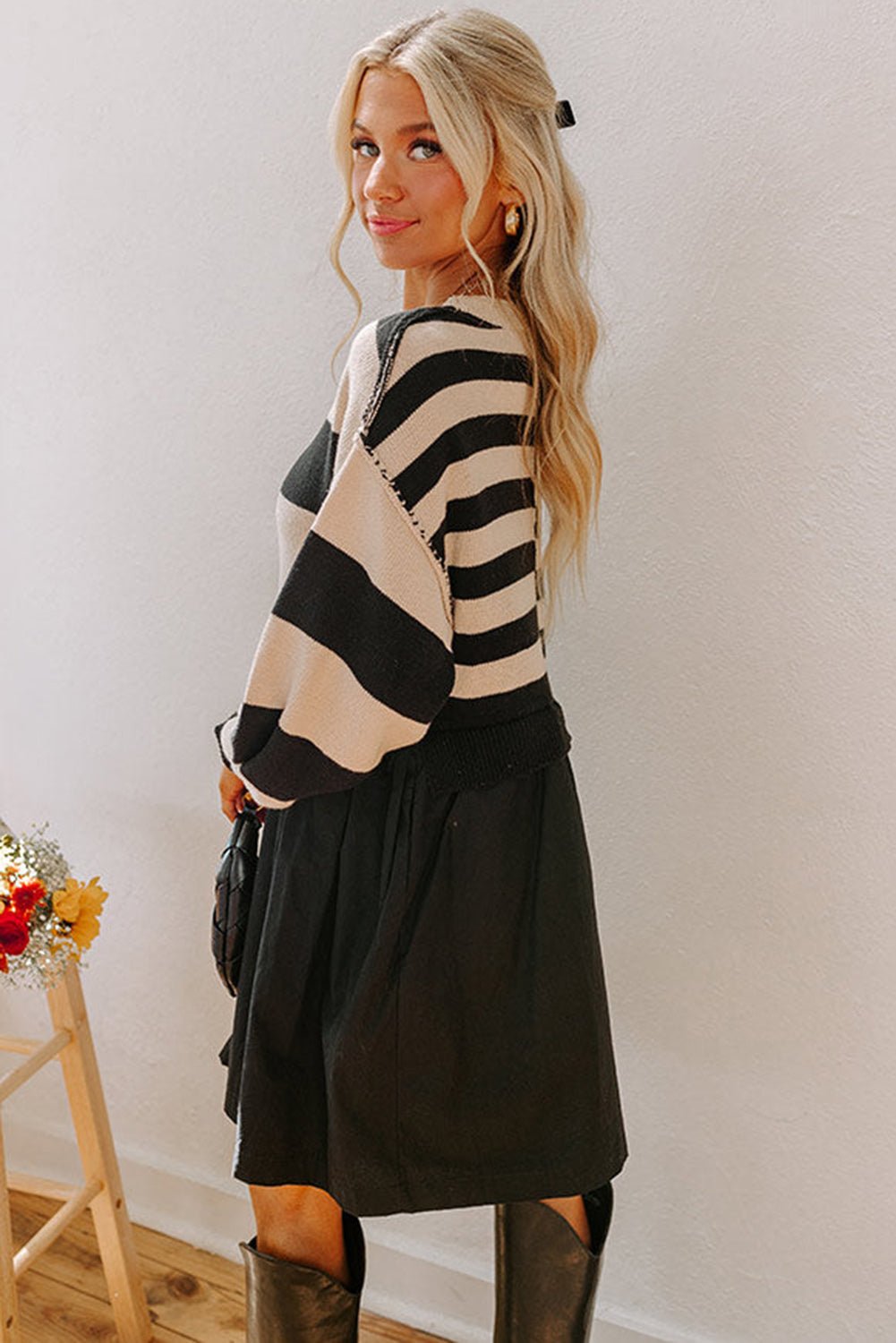 Black Stripe Two in One Knitted Top High Waist Splicing Hem Sweater Dress - MAD RUFFI