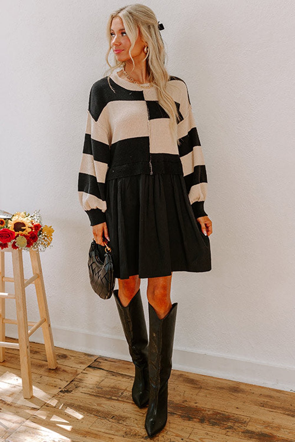 Black Stripe Two in One Knitted Top High Waist Splicing Hem Sweater Dress - MAD RUFFI