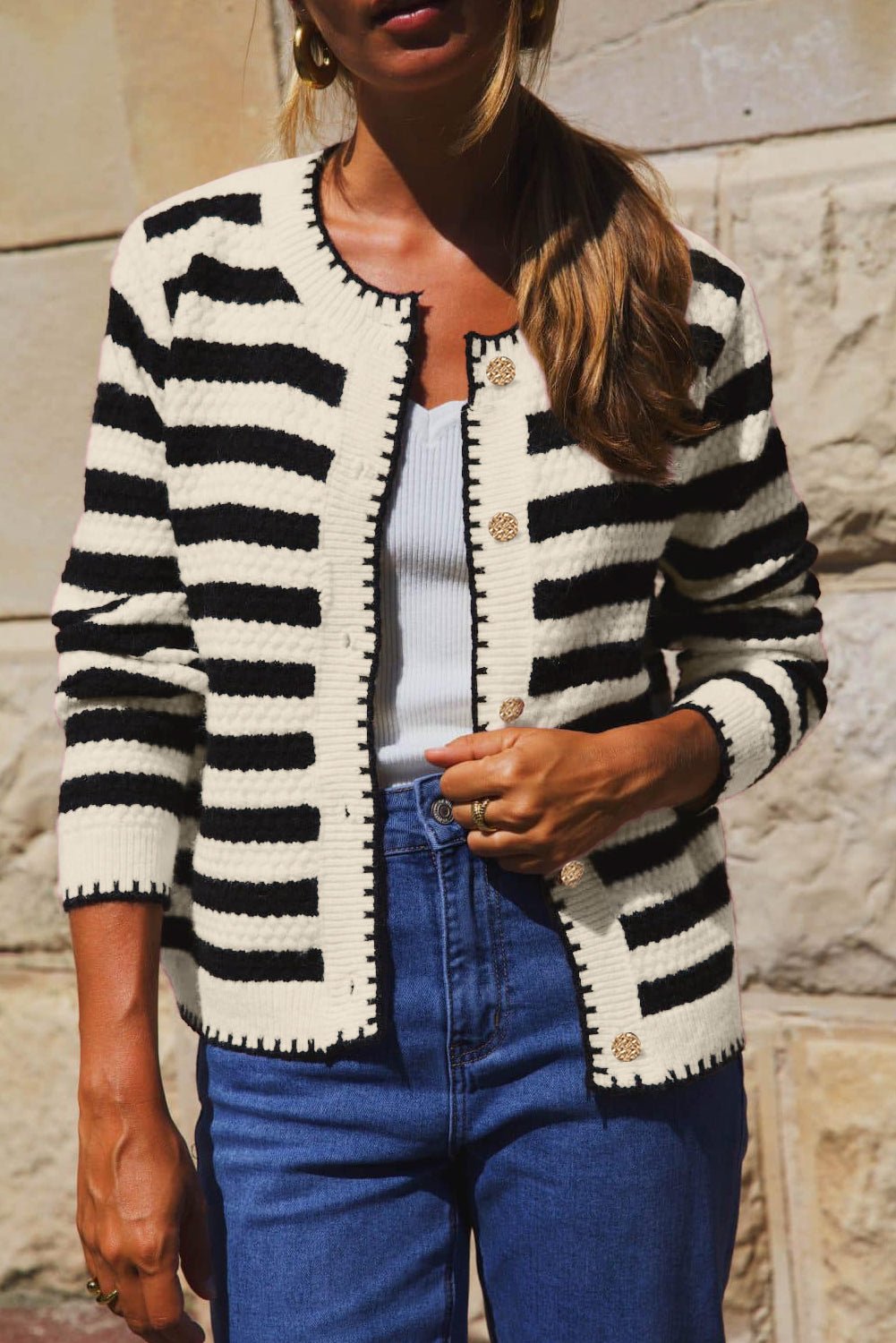 Black Striped Chic Button Round Neck Knit Cardigan - MAD RUFFI
