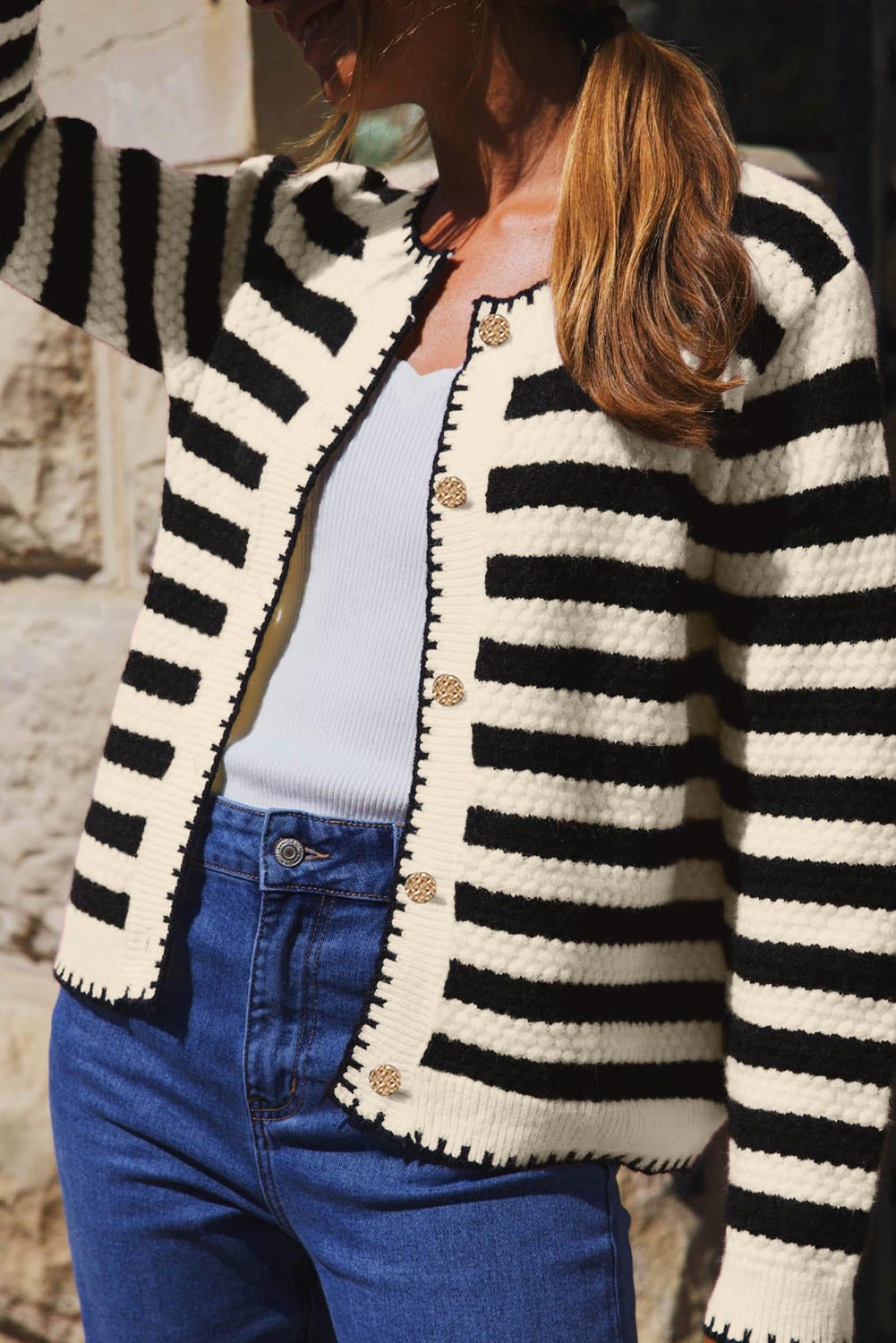 Black Striped Chic Button Round Neck Knit Cardigan - MAD RUFFI