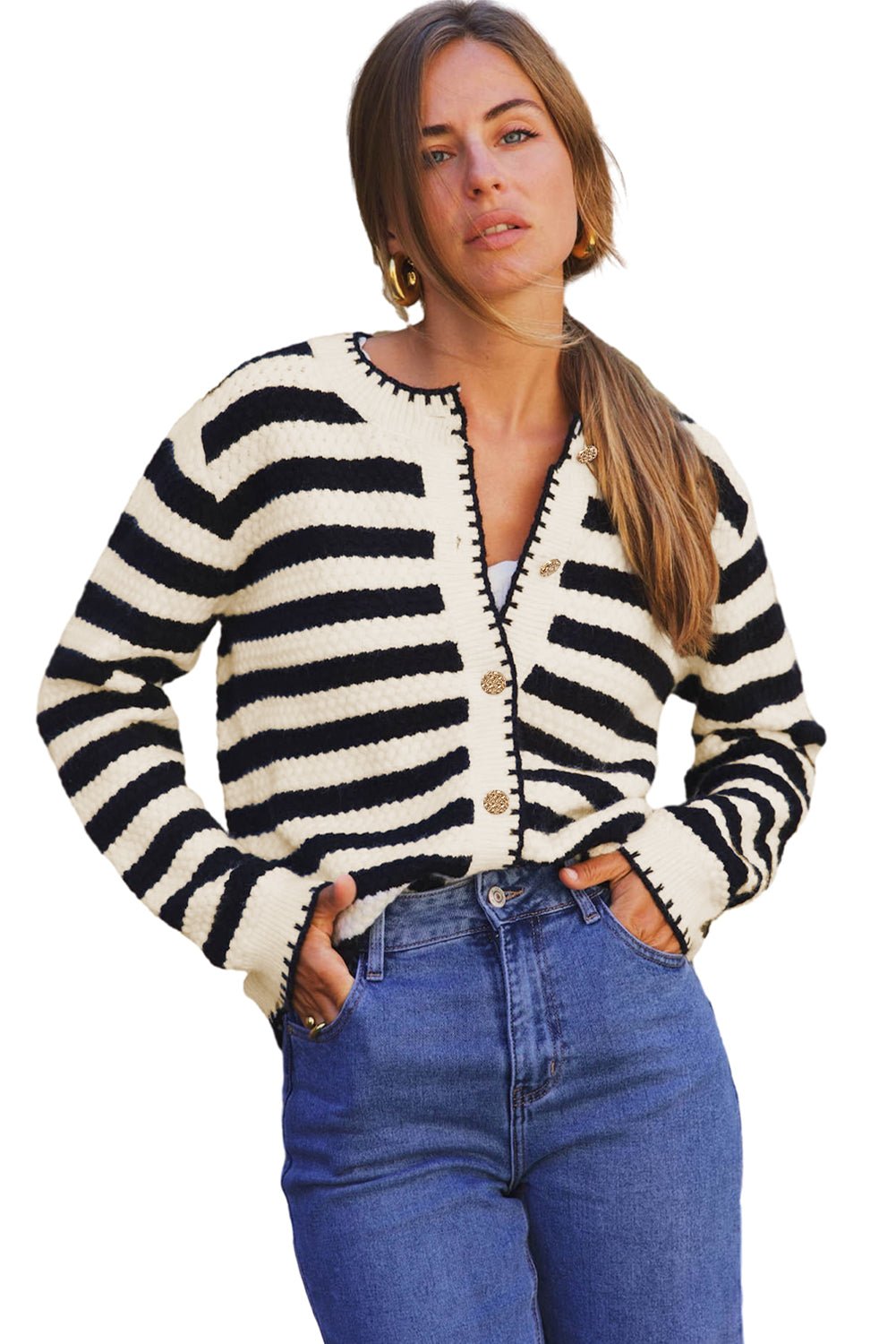 Black Striped Chic Button Round Neck Knit Cardigan - MAD RUFFI