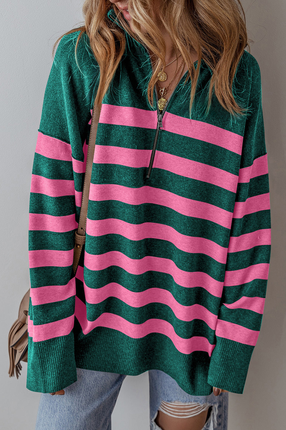 Black Striped Collared Quarter Zip Oversized Sweater - MAD RUFFI